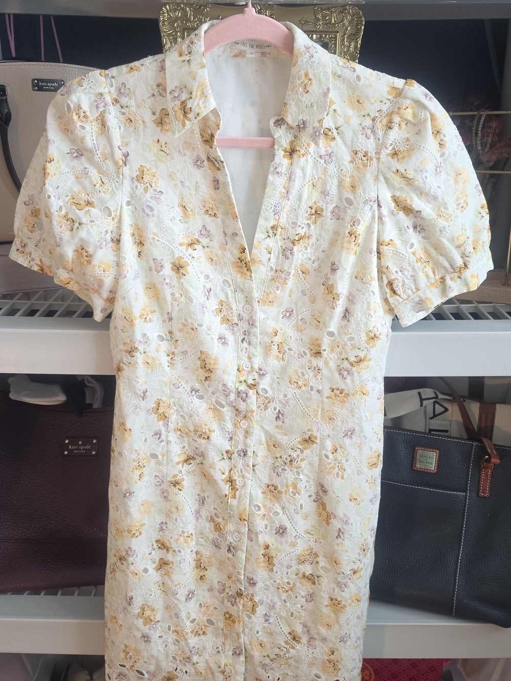 Free the Roses Garden Party White Eyelet Dress w/Yellow and Mauve Floral Print